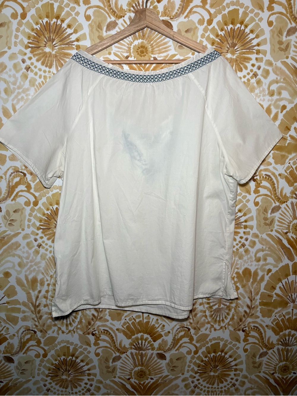 Boho White Peasant Top w/ Turquoise Embroidery | Cottagecore Coastal Festival - Picture 5 of 6